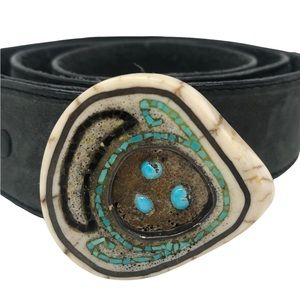 Antler and Turquoise Leather Belt Removable Beaded Inlays Bone Accents